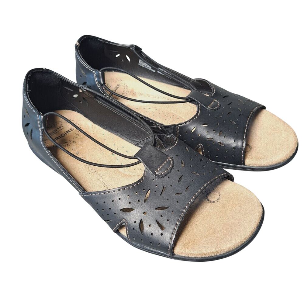 Earth Origins Ingrid Black Flats WOMENS SIZE 6.5M floral cutout open toe sandals